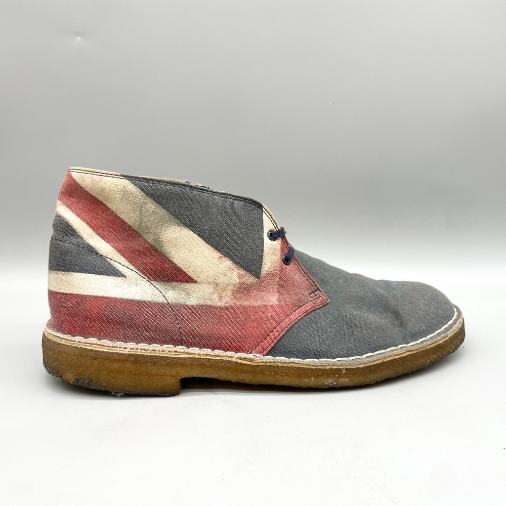 Clarks Mens 11 M Union Jack Desert Boots Chukka Grey Canvas UK Flag Crepe Sole